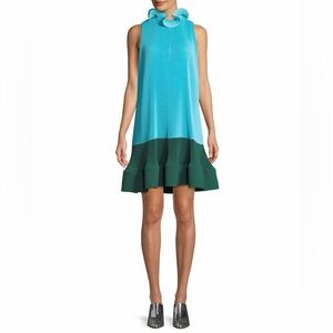 Tibi blue & green pleated ruffle dress with ruffle scarf tie neck detail $690
